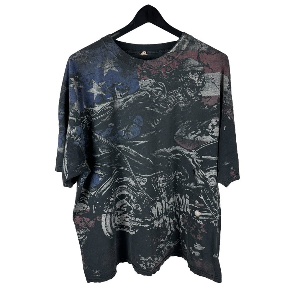 Vintage Y2K Miami Ink All Over Print Skull Rider Grunge Punk Shirt Size 2XL